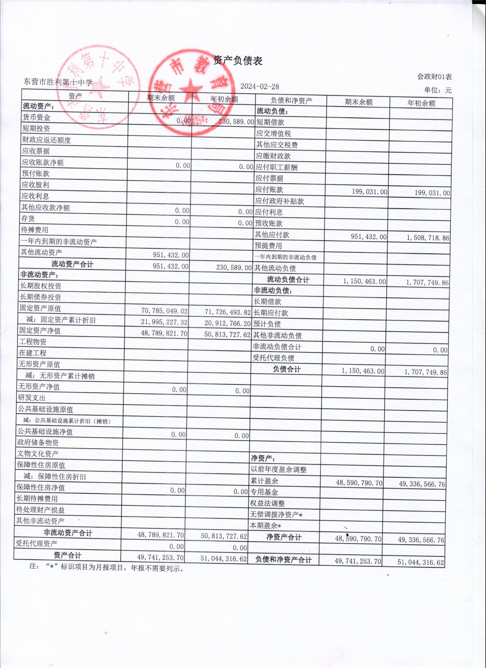 东营市胜利第十中学2023年度资产负债表